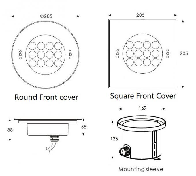 Dimension pour le rond et la lumière enfoncée carrée d'eau du fond de l'acier inoxydable LED de la couverture 316L